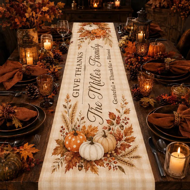 Custom Family Thanksgiving Table Runner Linen 70x13in, Personalized Pumpkin Fall Table Decor, Give Thanks Autumn Dining Table Runner a7d28e80-d905-438b-a756-2cda04bad0c6--tghnj-4-.webp