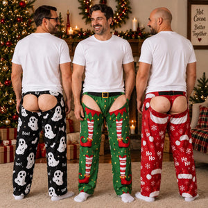 Personalized Men Funny Chaps Pajama Pants, Custom Open Back Holiday Loungewear a81da2a1-8cbb-4237-84cf-830e0a92c181-1.jpg