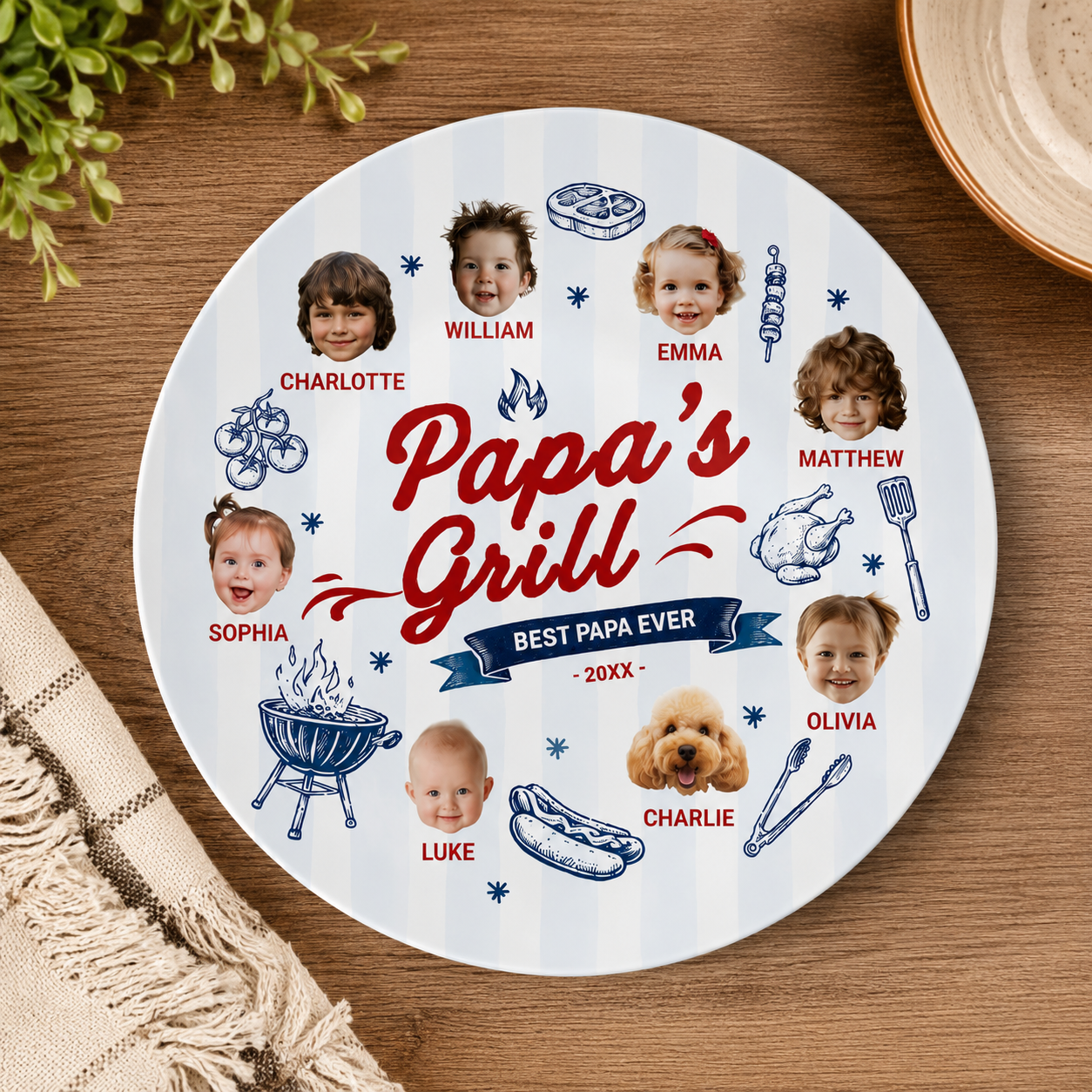 Papa's Grilling Plate Round, Personalized Grandpa Platter, Papa Photo BBQ Plate With Kids Face, Fathers Day Gift From Grandkids