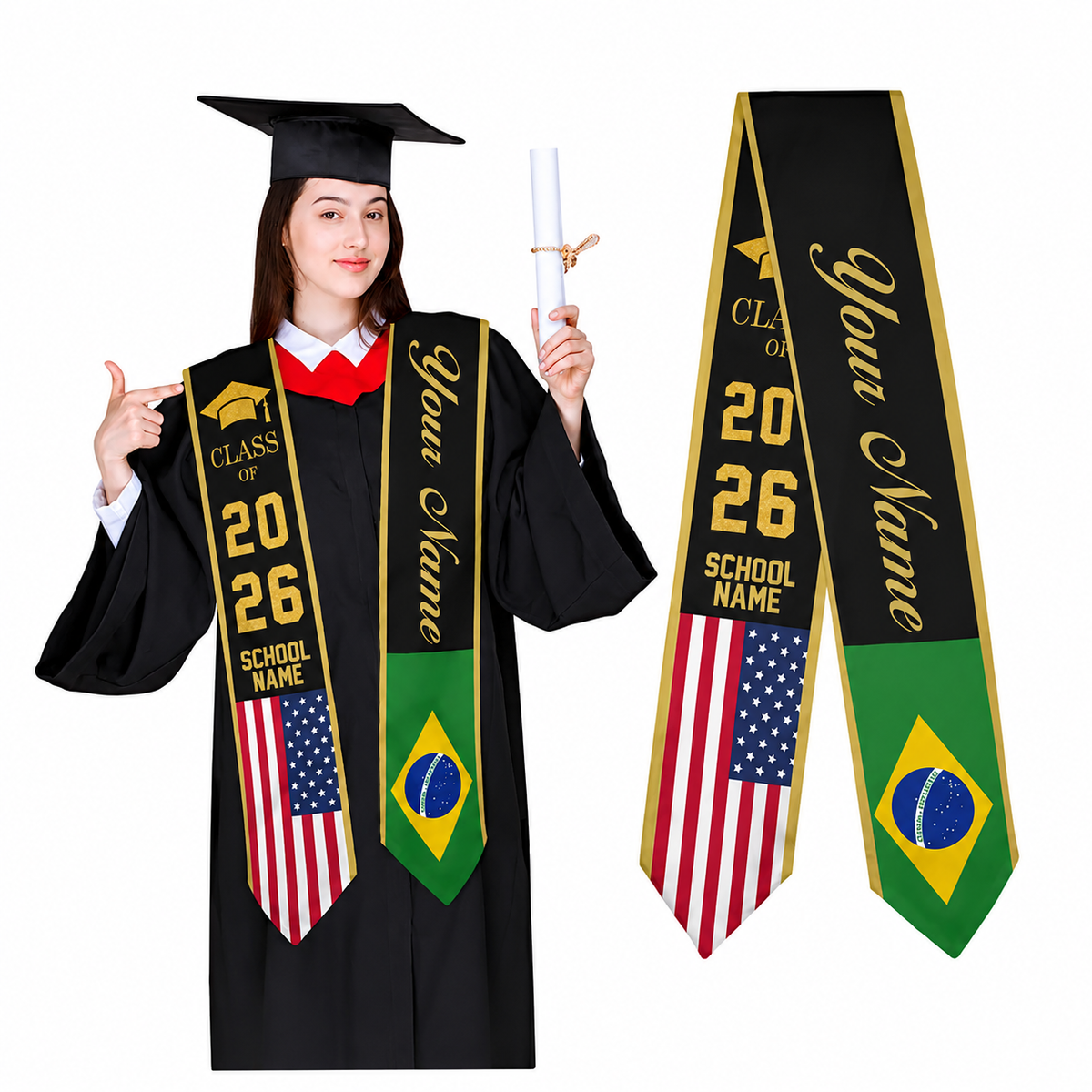 Custom Country Flag Graduation Sash, Personalized Class of 2026 Stole