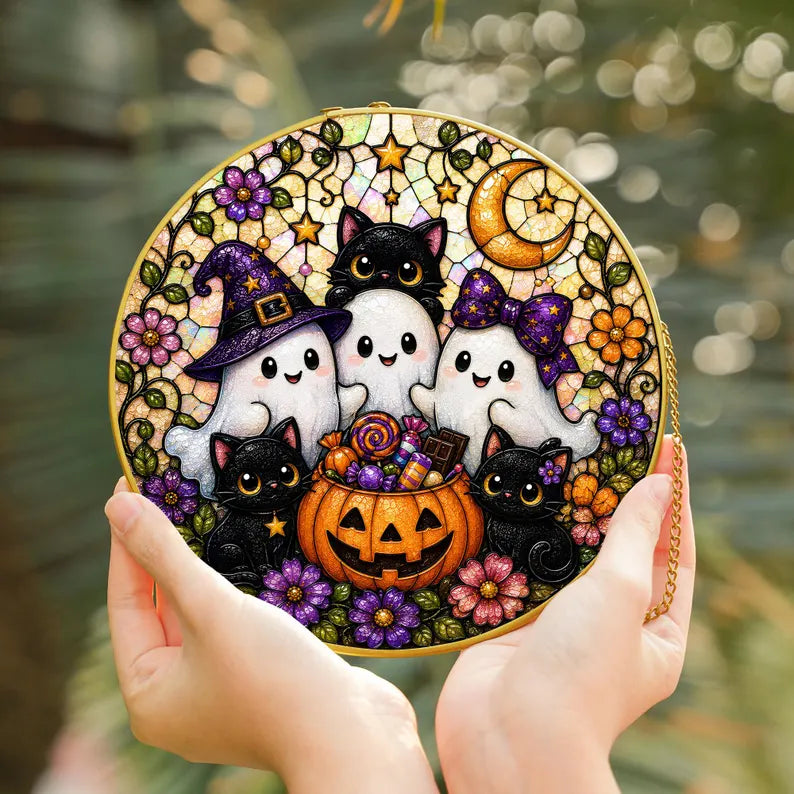 Halloween Ghost Cat Stained Glass Window Suncatcher, Cute Spooky Feline Decor, Witchy Autumn Hanging Art Gift - Golden Frame a90e7421-2973-4ac5-a41b-63af1518760b-5trtrere.webp