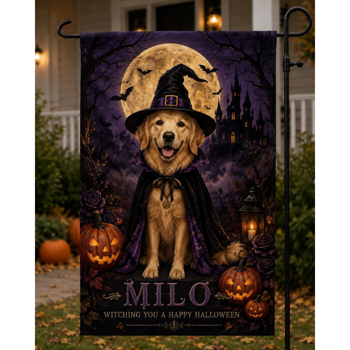 Custom Pet Halloween Garden Flag, Personalized Witch Dog Portrait, Pet Name Fall Yard Decor, Double Sided Spooky Porch Flag a910925d-2d0d-46e2-aebe-47c2ee69fe34-1.png