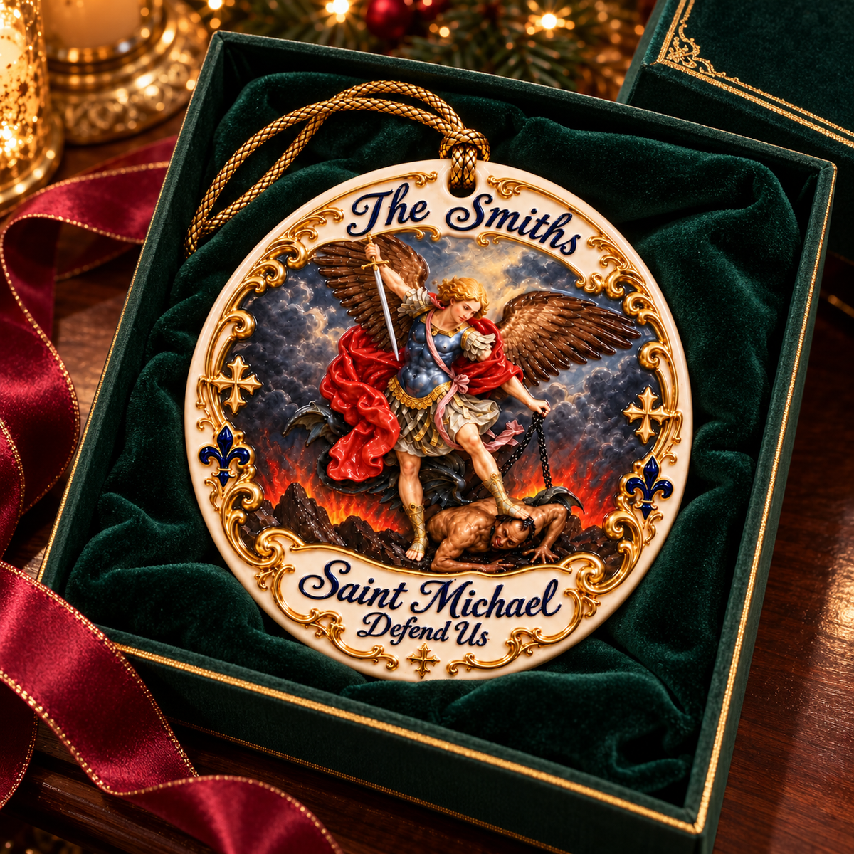 Personalized Saint Michael Ceramic Ornament: Custom 3D Archangel Relief, Special Gift for Mythology Enthusiasts a915411f-ed6c-430c-887f-a9dc74c1326b-Qu-c-u-Th-nh-Michael-trong-h-p-nhung-2.png