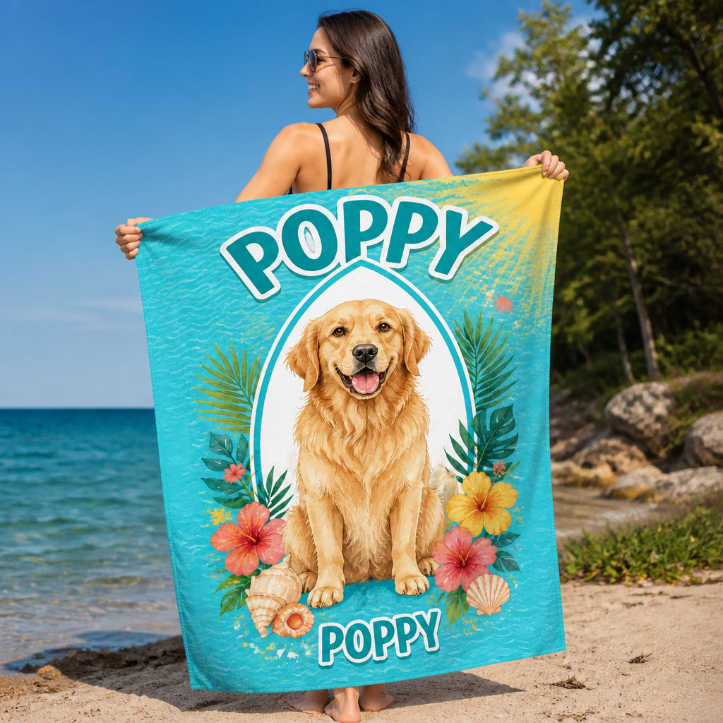 Custom Pet Portrait Beach Towel – Big Name Headline, Tropical Frame - Personalized Beach Towel a9198313-11bf-4e3a-8a48-4c216c1bc52d.jpg