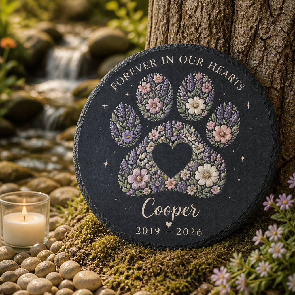 Floral Paw Memorial Slate – Personalized Name & Years - Personalized Slate Memorial Stone a9870cb1-7498-4269-8210-6feede0f6e4c.jpg