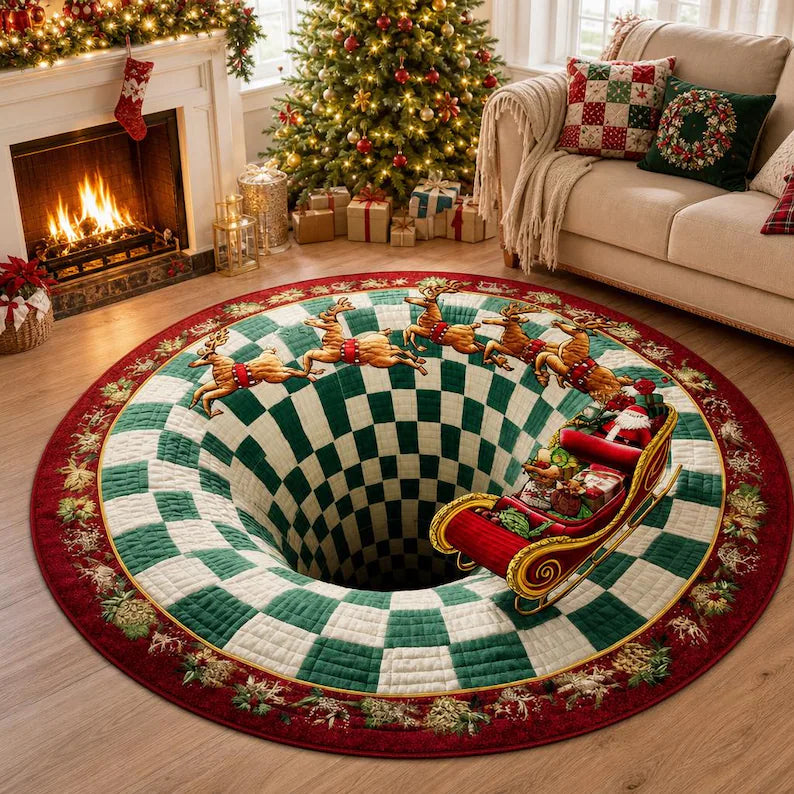 Christmas Santa Sleigh Vortex 3D Round Rug, Reindeer Checkered Optical Illusion Floor Mat, Non Slip Xmas Home Decor, Christmas Gift a9c732f7-d39f-4d58-8a0c-3fc67bea8966-yttrrty.webp
