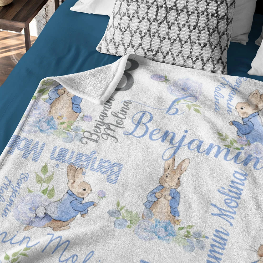 Personalised Peter Rabbit Bunny Floral Blanket with Initial and Name Easter Birthday Gift for Kids