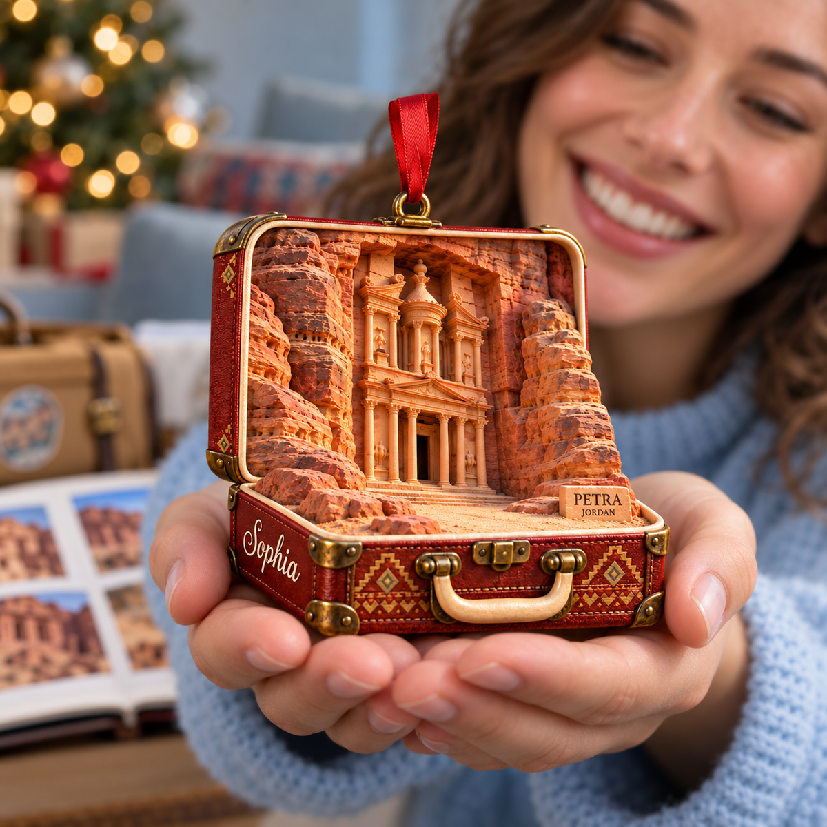 Personalized Petra Jordan 3D Suitcase Christmas Ornament, Custom Name Travel Keepsake, Petra Treasury Vacation Souvenir Gift a9d86eac-4a74-4655-804e-68da8c43fa93-Joyful-Petra-Ornament-Gift-2.png