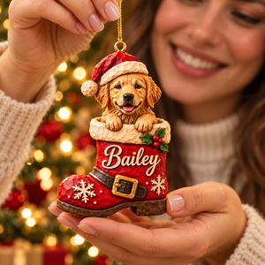 Personalized Dog Christmas Ornament – Custom Pet Photo & Name, 3D Relief Santa Boot Ornament, Christmas Gift for Dog Lovers a9e11f24-6133-4253-9593-ba08df9193ae-Woman-Receiving-Bailey-Santa-Boot-Ornament-2.png