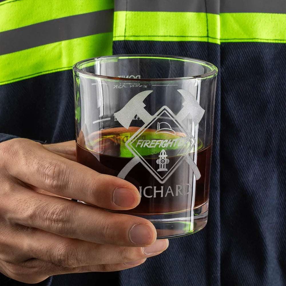 Personalised Firefighter Badge Etched Whisky Glass with Text Birthday Retirement Gift for Firefighter