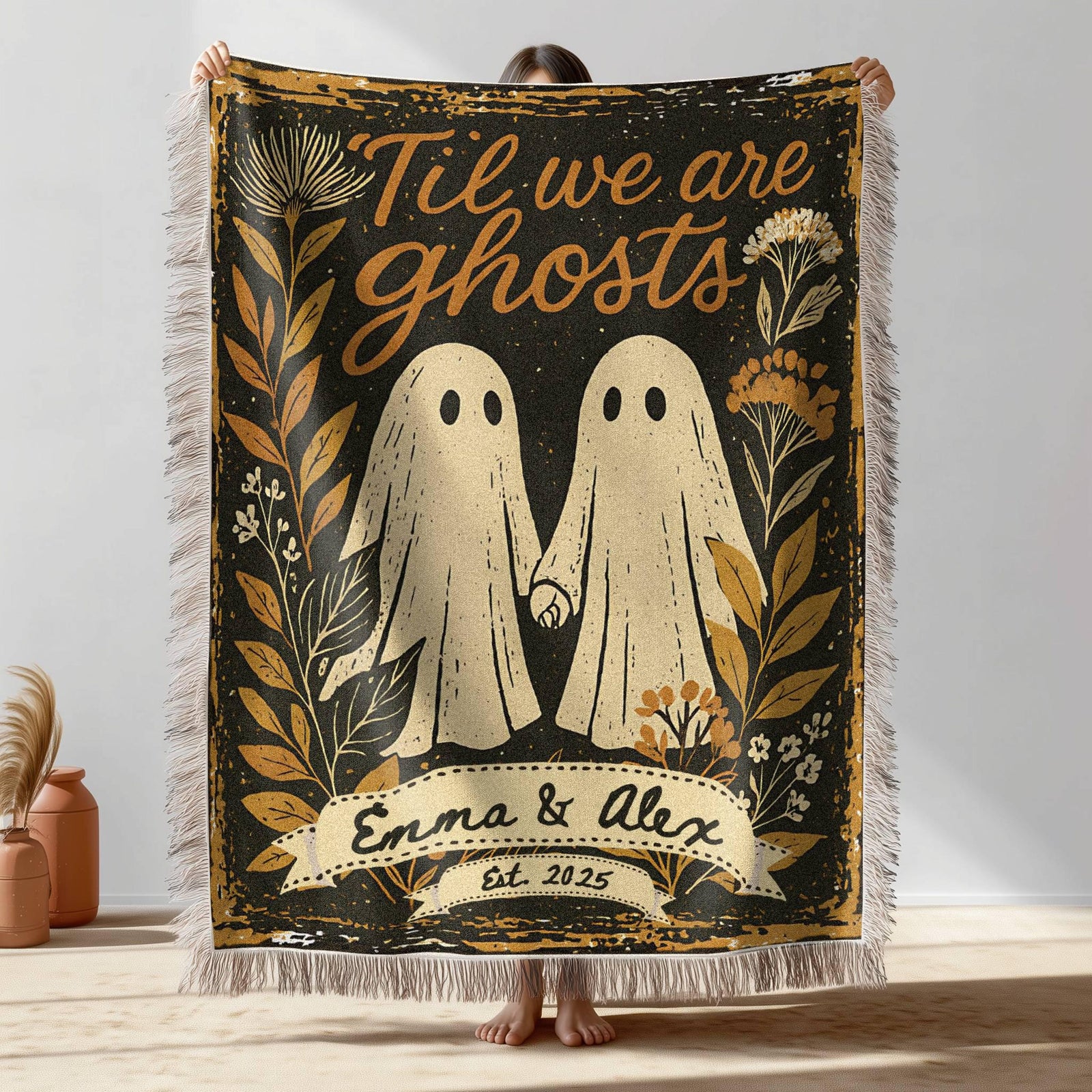 Custom Spooky Ghost Couple Engagement Gift, Personalized Til Death Do Us Part Halloween Wedding Woven Blanket, Anniversary Gift aa91cb29-1af9-4e2a-a05a-b7e917797456-1.jpg