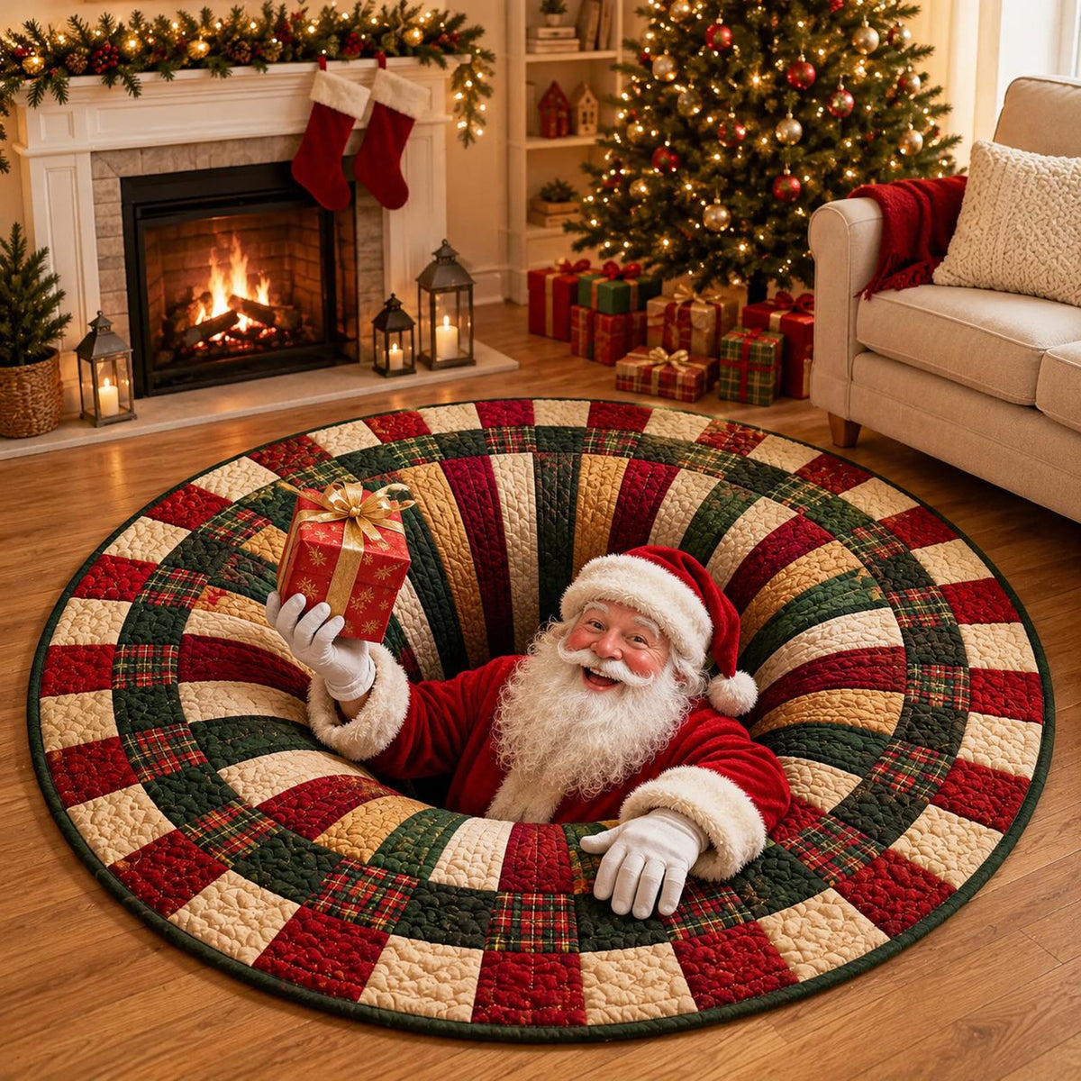 Santa Claus Christmas Round Rug, 3D Illusion Quilted Floor Mat, Funny Santa Gift Rug, Festive Holiday Home Decor abf0ed42-22b6-430a-9449-f6c581a26bc6-1.jpg
