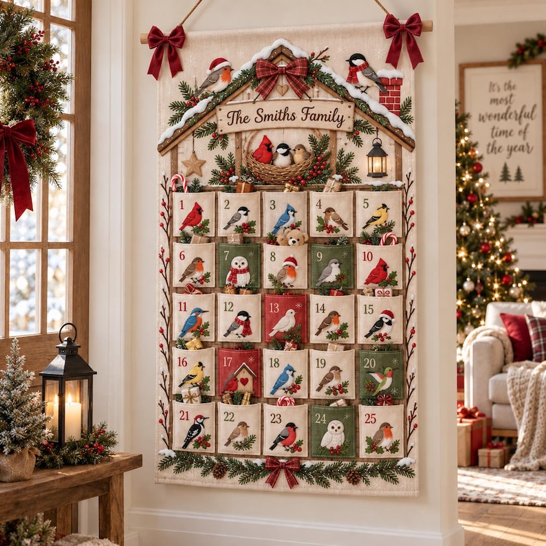 Personalized Bird Christmas Fabric Advent Calendar, 25 Day Pocket Countdown, Custom Family Name Quilted Wall Hanging, Bird Lover Xmas Decor ac21c72f-3913-45ee-abfb-fde4da2b34bf-il_794xN.8602839019_ilvv.jpg