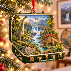 Personalized Jurassic Dinosaur 3D Suitcase Christmas Ornament – Prehistoric Keepsake & Gift for Dinosaur Lovers ac25a715-8ac5-4ab4-be0d-efcb57fb6b0f-Jurassic-suitcase-ornament-under-Christmas-lights-1.png