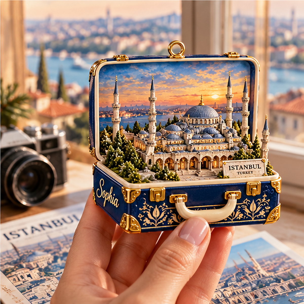 Personalized Istanbul Turkey 3D Suitcase Christmas Ornament, Custom Name Blue Mosque Travel Keepsake, Istanbul Vacation Souvenir Gift ac3b34b2-2aca-4948-bd65-7f57f53e0da8-istanbul_04_handheld_travel_1200.png