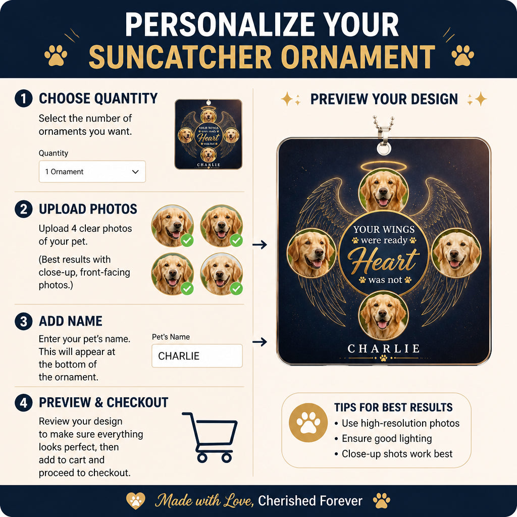 Pet Memorial Car Suncatcher Ornament – Your Wings My Heart – 4-Photo Collage with Name - Personalized Suncatcher Ornament ac48043f-dc60-4b55-919f-4bf4a0548d57.jpg