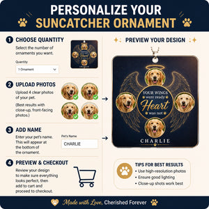 Pet Memorial Car Suncatcher Ornament – Your Wings My Heart – 4-Photo Collage with Name - Personalized Suncatcher Ornament ac48043f-dc60-4b55-919f-4bf4a0548d57.jpg
