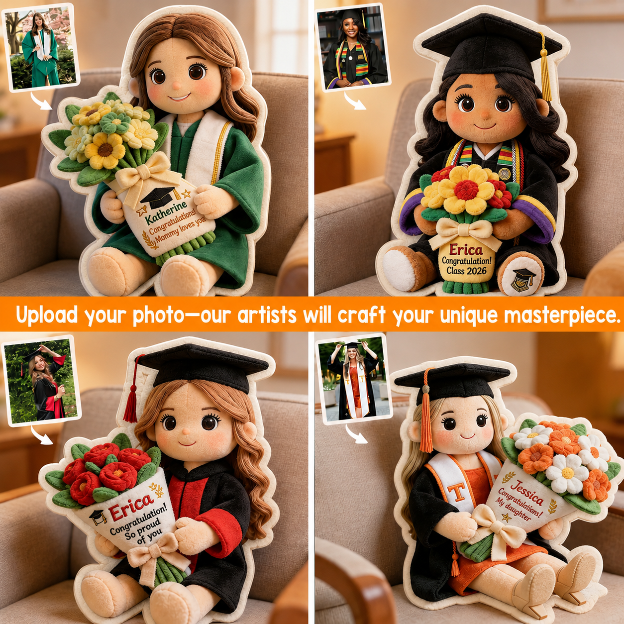 Graduation Gift Doll with Bouquet - Personalized Graduation Faux Fur Shaped Pillow