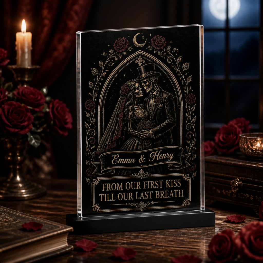 Gothic Skeleton Bride & Groom Acrylic Plaque – From Our First Kiss Till Our Last Breath (Personalized Names) - Personalized Acrylic Plaque ac7076c5-56b2-451c-a194-68ab644b0030.jpg