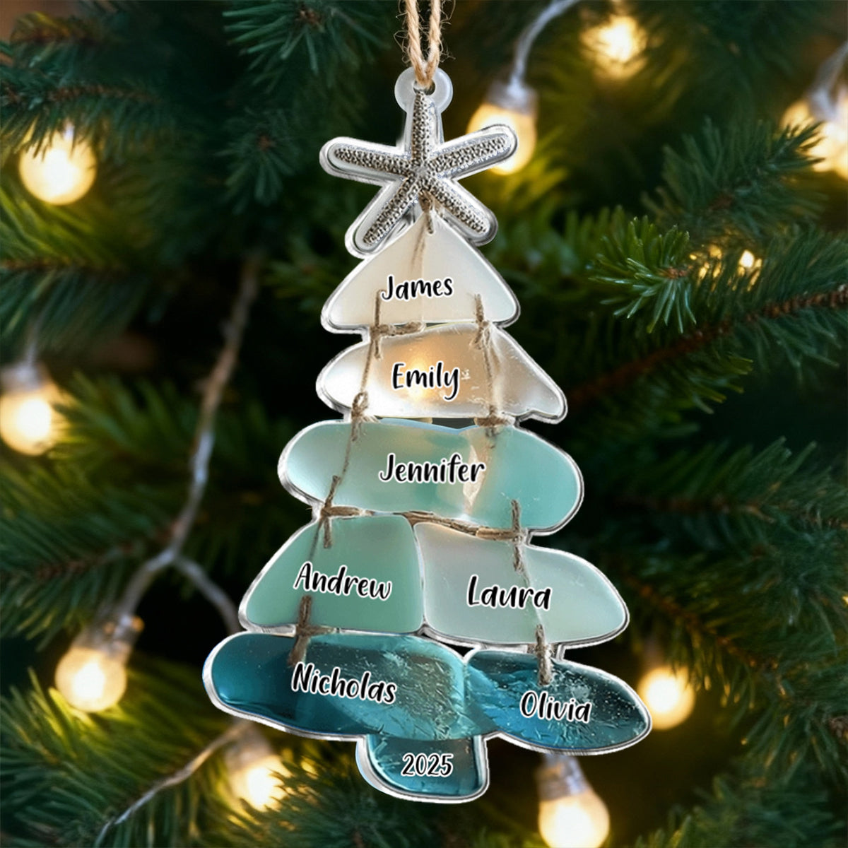 Family Sea Glass Christmas Tree - Personalized Family Ornament Custom 2D Acrylic Ornament Christmas Tree Hanging Decorations