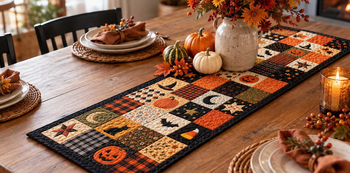 Retro Halloween Patchwork Quilt Table Runner, Pumpkin Black Cat Bat Candy Corn Table Decor, Autumn Fall Thanksgiving Table Runner ad660f0b-e5fb-46f4-8025-43ab4f05083c-anh_2_top.png