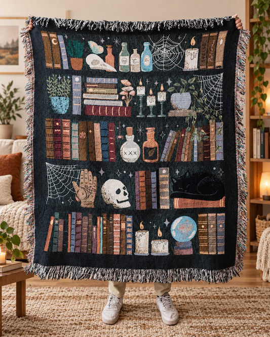 Witches Bookshelf Throw Blanket: Spooky Woven Cotton Throw for Halloween, Skulls Black Cat Potions, Cute Magic Goth, Dark Cottagecore Unique ad8b046b-ac30-4ddc-a9bb-36fbda724d2c-ec8c165b-dab0-45e0-97ed-d4ffea5ebb29.png
