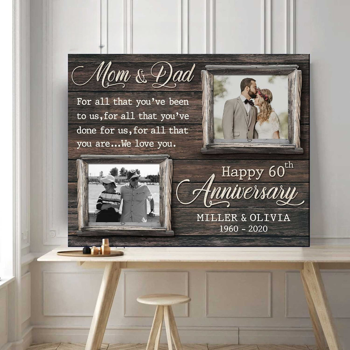Custom 60th Anniversary Gift For Parents, 60th Anniversary Gift for Mom And Dad, Then and Now Picture Frame