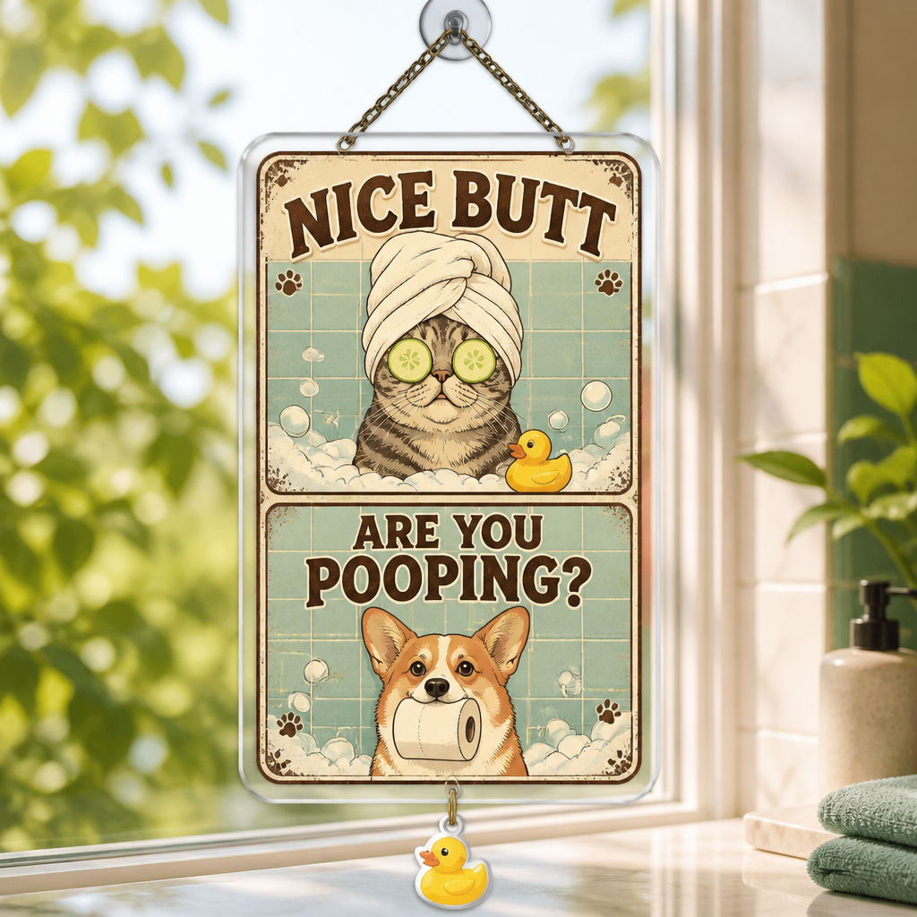 Funny Bathroom Pet Metal Sign – Nice Butt / Are You Pooping? (retro illustrated) - 1 Layered Suncatcher with Charm ad9a6f15-9bec-40e8-94eb-5cdf391dc355.png