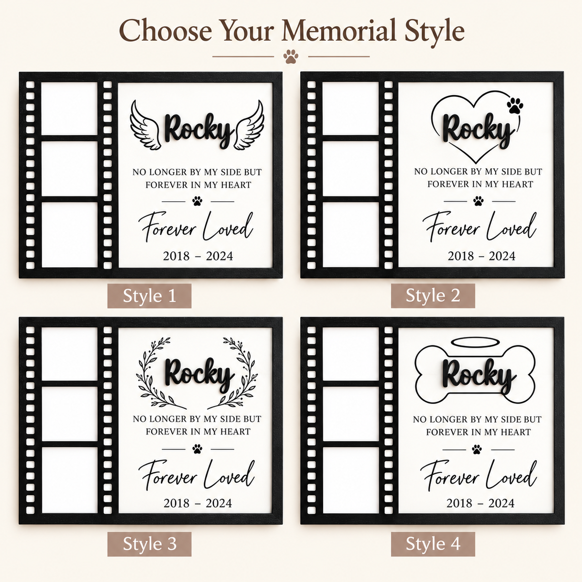 Personalized Dog Memorial Photo Frame, Custom Filmstrip 3 Photo Collage with Name and Dates, Pet Loss Keepsake, Dog Sympathy Gift adbc4dcc-6dd7-4440-9d44-5076fa0bb617-Four-elegant-pet-memorial-frame-styles.png