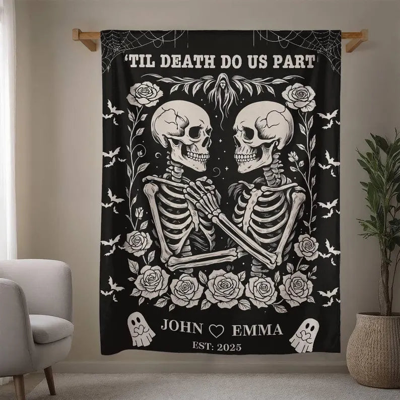 Skeleton Couple Till Death Blanket, Personalized Skeleton Lovers Wedding Blanket, Spooky Goth Couple Halloween Gift, Valentines, Anniversary adcb79a4-1c30-4089-9cb5-505c32222ed8-gftrt.webp