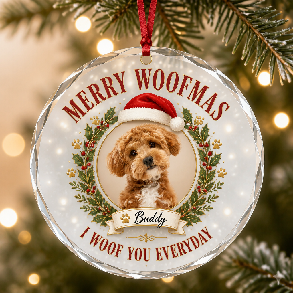 Merry Woofmas Pet Photo Crystal Ornament - Personalized Crystal Ornament aebae658-0098-4d50-896f-e4033c9a70f9.png