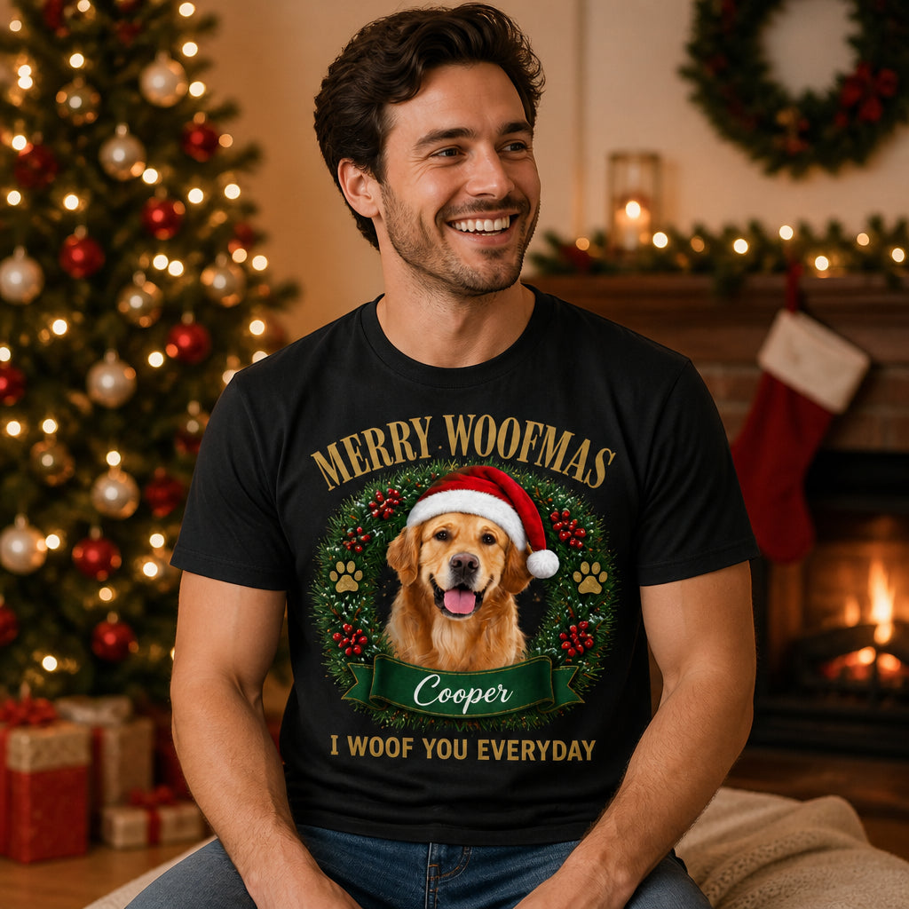 Merry Woofmas Pet Photo Tee — Wreath Edition - Personalized T-shirt aed85431-72a0-4cb3-b2ca-6585fd0c6ec1.jpg