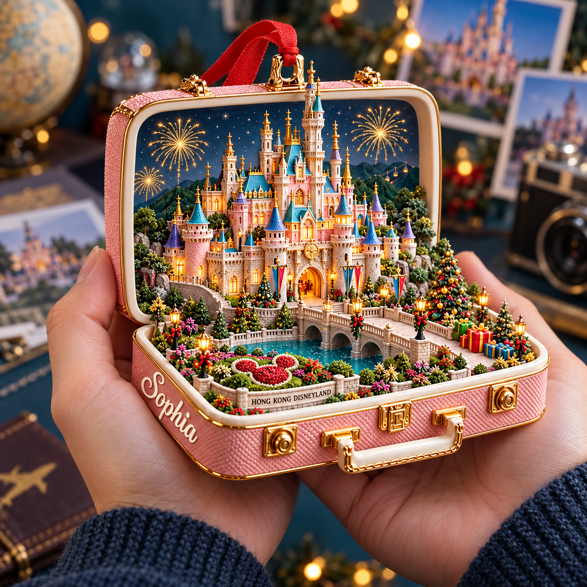 Personalized 3D Hong Kong Disneyland Suitcase Christmas Ornament – Hong Kong Travel Souvenir & Gift for Disney Fans afcd8be7-1d35-4477-8f29-b30177bce365-Pink-suitcase-Hong-Kong-Disneyland-ornament-4.png