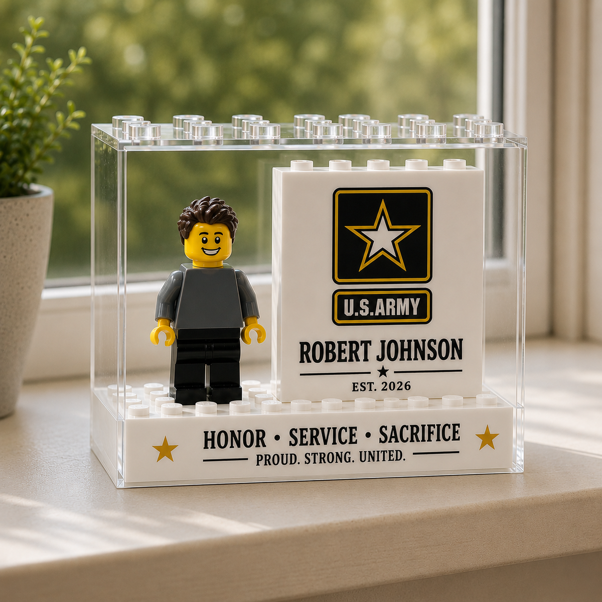 Personalized U.S. Army Minifigure Display Block Custom Military Gift for Veteran, Soldier, Retirement, Promotion & Service Recognition