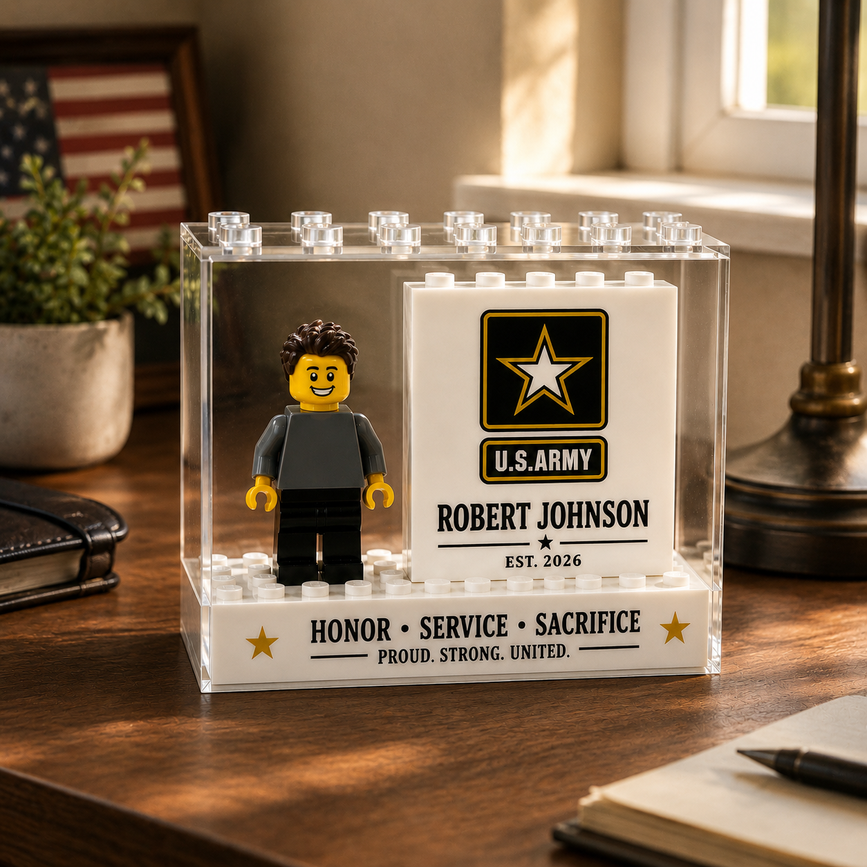 Personalized U.S. Army Minifigure Display Block Custom Military Gift for Veteran, Soldier, Retirement, Promotion & Service Recognition