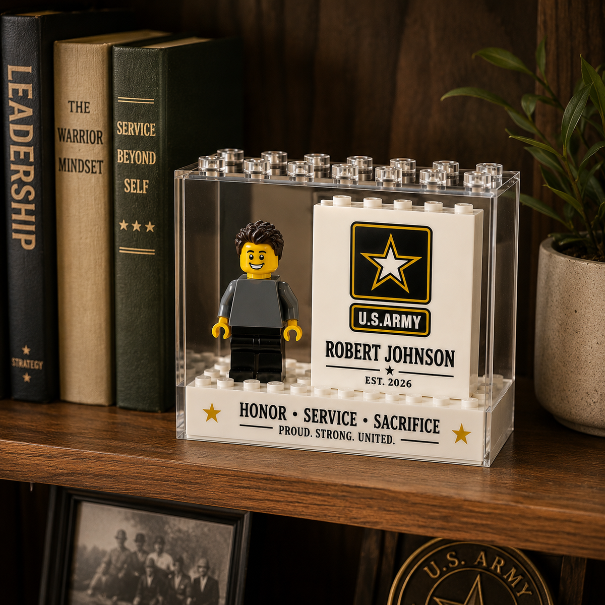 Personalized U.S. Army Minifigure Display Block Custom Military Gift for Veteran, Soldier, Retirement, Promotion & Service Recognition