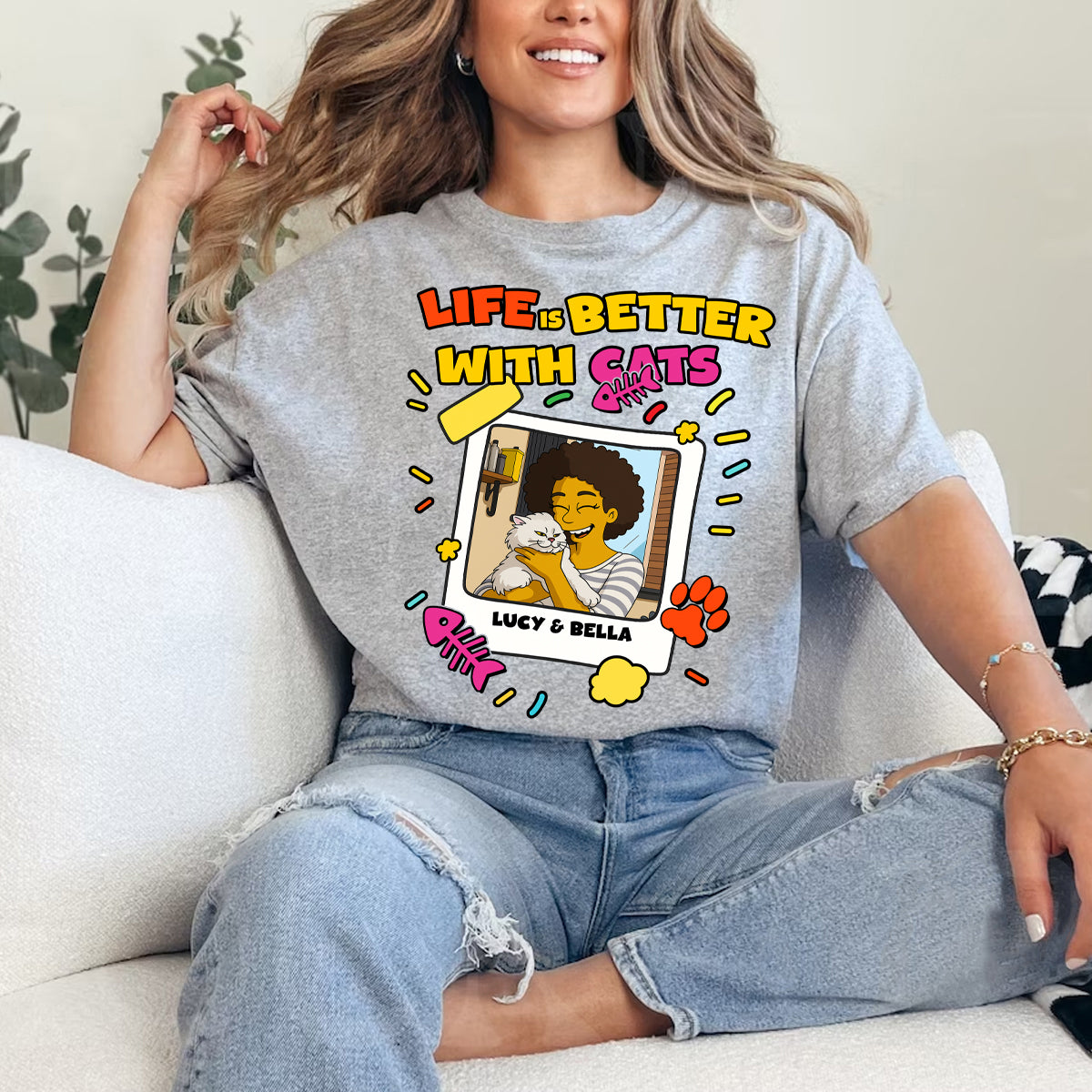 Life Is Better With My Cats Custom Cat Mom Gift - Personalized Simpsonized Pet Parent Christmas Gift For Cat Lovers with Custom Photo Shirt Cat Mom Shirt Cat Dad Shirt
