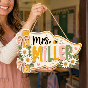 Personalized Teacher Pennant Sign with Daisies, Bow, Flag Name Sign, Custom 3D Wooden Teacher Door Sign, Classroom Decor, New Teacher Gift b0605594-df15-4fe2-a9d8-e9fc767200ff-6.jpg