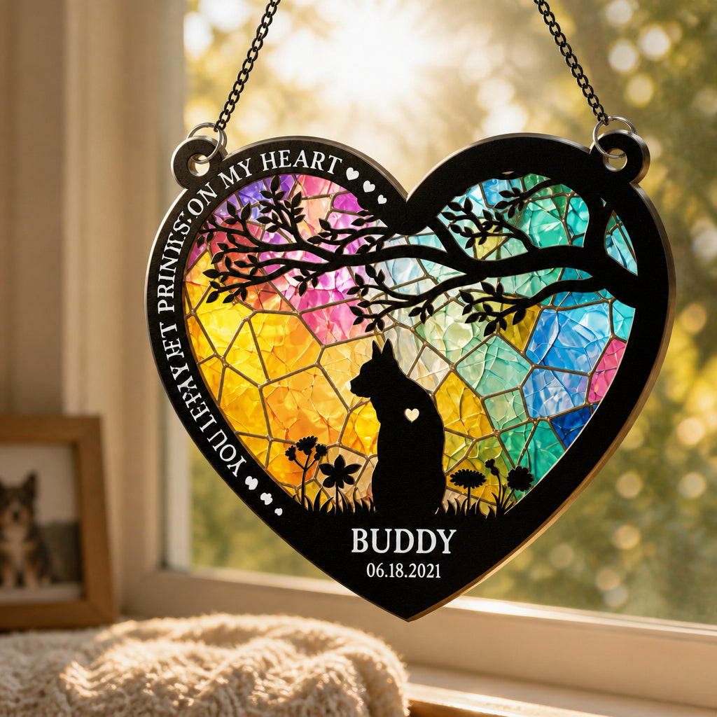 Cat Memorial Stained-Glass Suncatcher – Paw Prints On My Heart - Personalized Suncatcher Stained Glass b0d479d4-36f6-404b-86a7-3175871c85c8.jpg