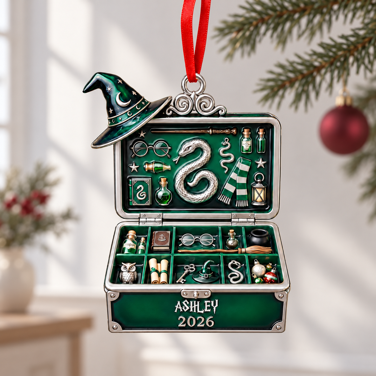 Whimsical School Trunket 3d Relief Ornament - Personalized Gifts For Christmas Ornament b0d671b7-7f27-4d79-ac75-7e18083b57d6-Green-snake-suitcase-ornament-soft-holiday-glow.png