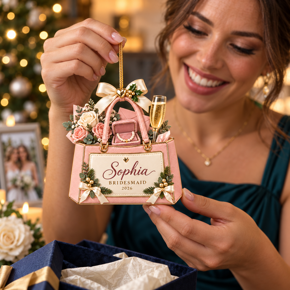 Personalized Bridesmaid Christmas Ornament 2026 – Custom Name Pink Handbag with Flowers and Champagne, Bridesmaid Thank You Gift, Bridal Party Keepsake b104de14-4b64-4876-bc5b-b1cd7f47dbe0-Sophia-s-bridesmaid-ornament-gift-reveal.png