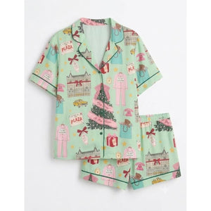 Women’s Christmas in New York Satin Pajama Set, NYC Holiday Short Sleeve Sleepwear, Festive Christmas Pajamas, Winter Gift For Her b1416f9c-0a3b-40b2-88bb-5735e63be551-plaza_square_07.jpg