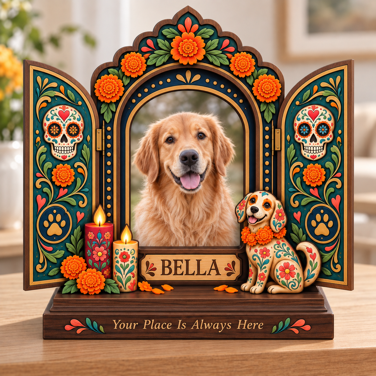 Personalized Dog Memorial Wooden Photo Block – Custom Pet Photo & Name, Day of the Dead Ofrenda Keepsake b176e65b-2785-44f0-9614-fec3decd8a09-Bella-s-Colorful-Memorial-Shrine-Image-Sep-26-2026-11_32_41-AM.png
