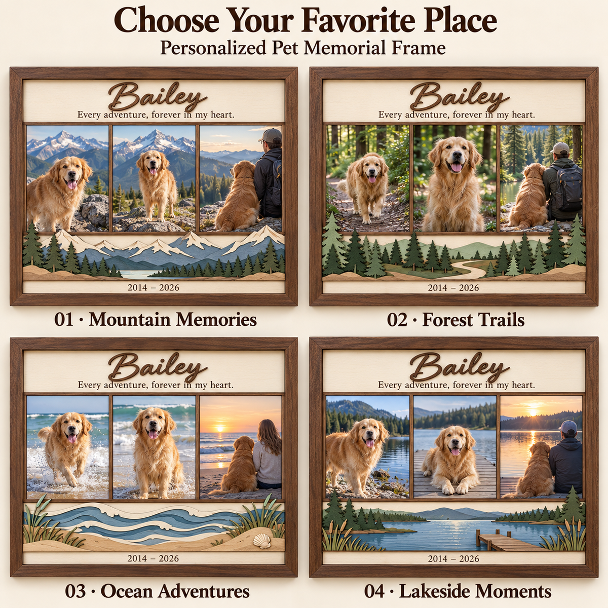 Personalized Dog Memorial Photo Frame, Custom Wooden 3 Photo Collage, Beach Adventure Pet Keepsake, Loss of Dog Sympathy Gift b20cc6b1-a3b1-4cfa-965b-4eead08d9f52-Favorite-Places-pet-memorial-frame-options.png