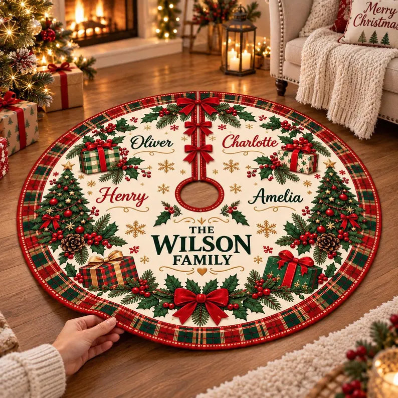 Personalized Family Names Christmas Tree Skirt: Custom Plaid Border Holiday Decor b24002ad-a233-465c-b306-b9ba76f9eb01-DRE-7-.webp