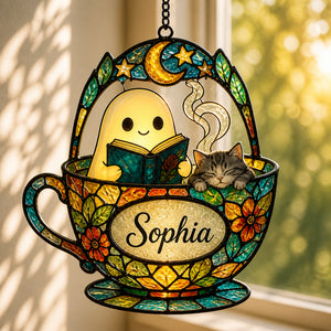 Stained Glass Teacup Suncatcher – Reading Ghost & Cat – Custom Name - Personalized Suncatcher Stained Glass b2521896-1f8f-4f1f-8f19-f6bb9969d7ce.jpg