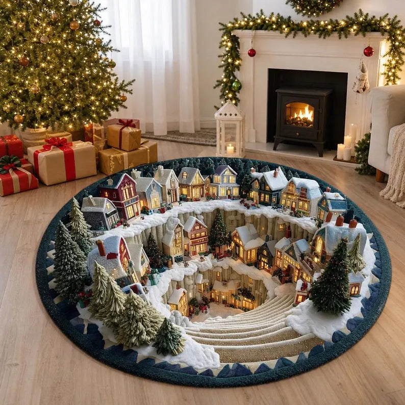Snow Town Spiral Staircase 3D Round Rug, Christmas Snowy Village Vortex Optical Illusion Floor Mat, Non Slip Xmas Decor, Christmas Gift b2793727-7257-467a-9891-b156841ef4db-fghhhg-6-.webp