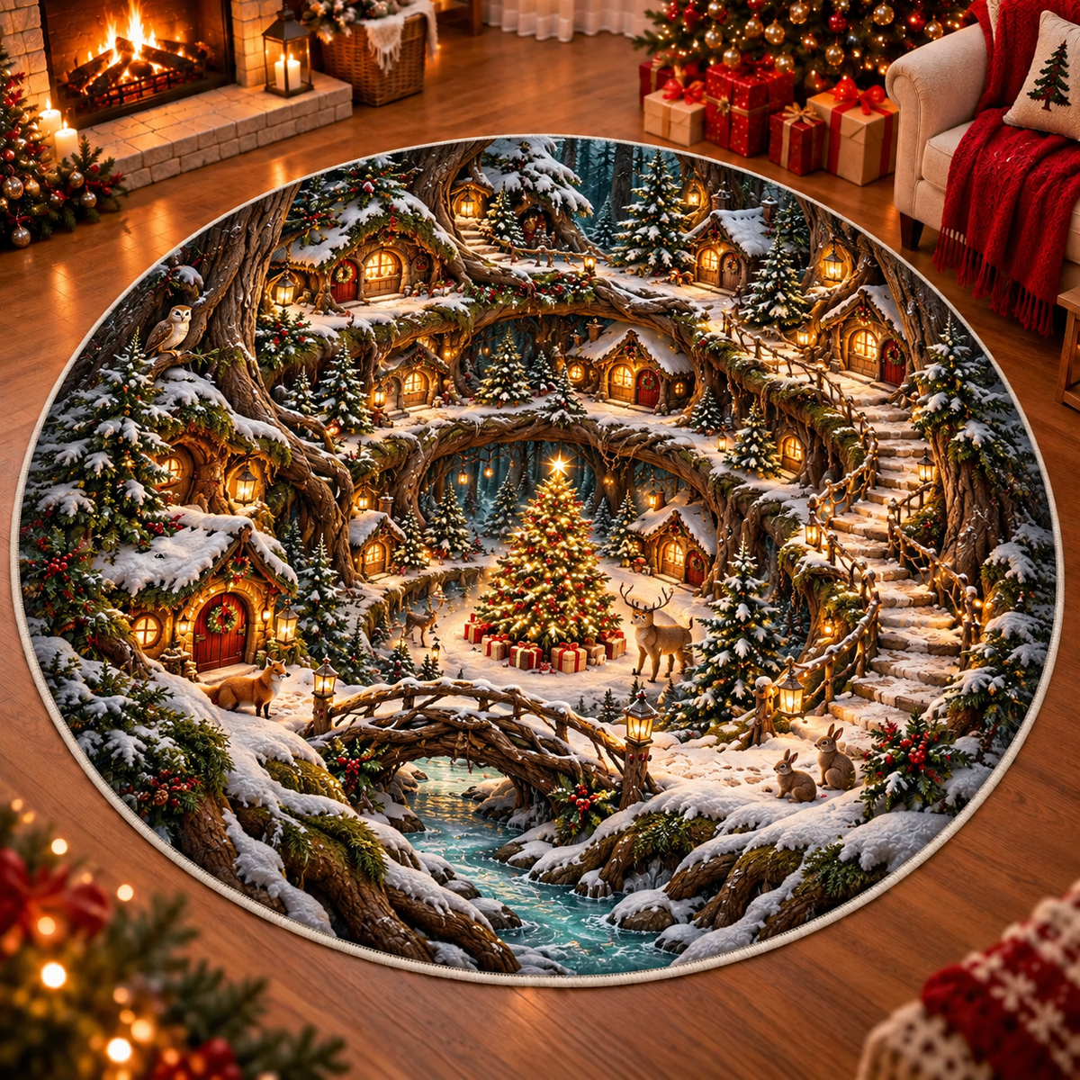 Christmas Cathedral Village 3D Illusion Round Rug, Snowy Church Square Floor Mat, Winter Wonderland Area Carpet, Festive Holiday Home Decor b27d1d9d-b39d-4f83-809e-7c4092ba4c7f-Enchanted-Forest-Christmas-Illusion-Rug.png