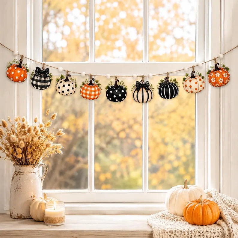 Fall Wooden Pumpkin Garland, Farmhouse Mantel Banner, Autumn Wall Decor, Rustic Thanksgiving Hanging, Orange Black White Pumpkin Decoration b27f2f6f-464b-49de-a426-e2fa6cfc4eb5-ggfgfgfgfnbhgf-5-.webp