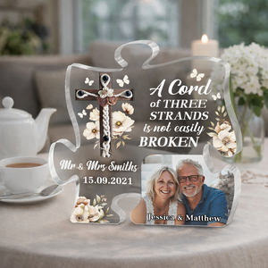 A Cord Of Three Strands Is Not Easily Broken - Personalized Puzzle Acrylic Plaque - Christian Gift For Couple